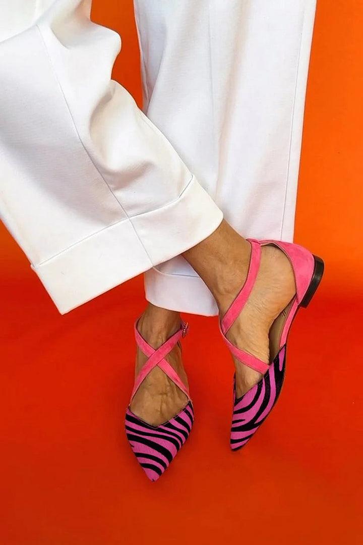 Kaeliah | Zebra Print Cross-Strap Flats