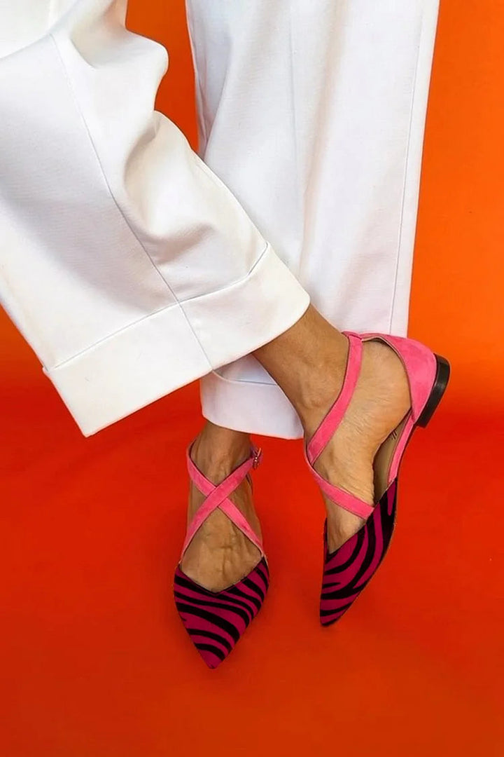 Kaeliah | Zebra Print Cross-Strap Flats