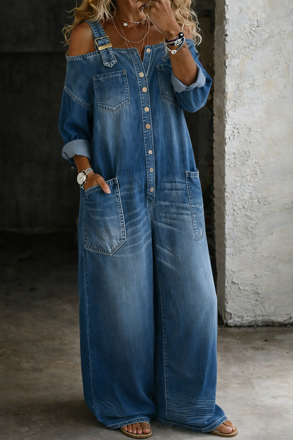 Florence | Off Shoulder Denim Shirt Jumpsuit